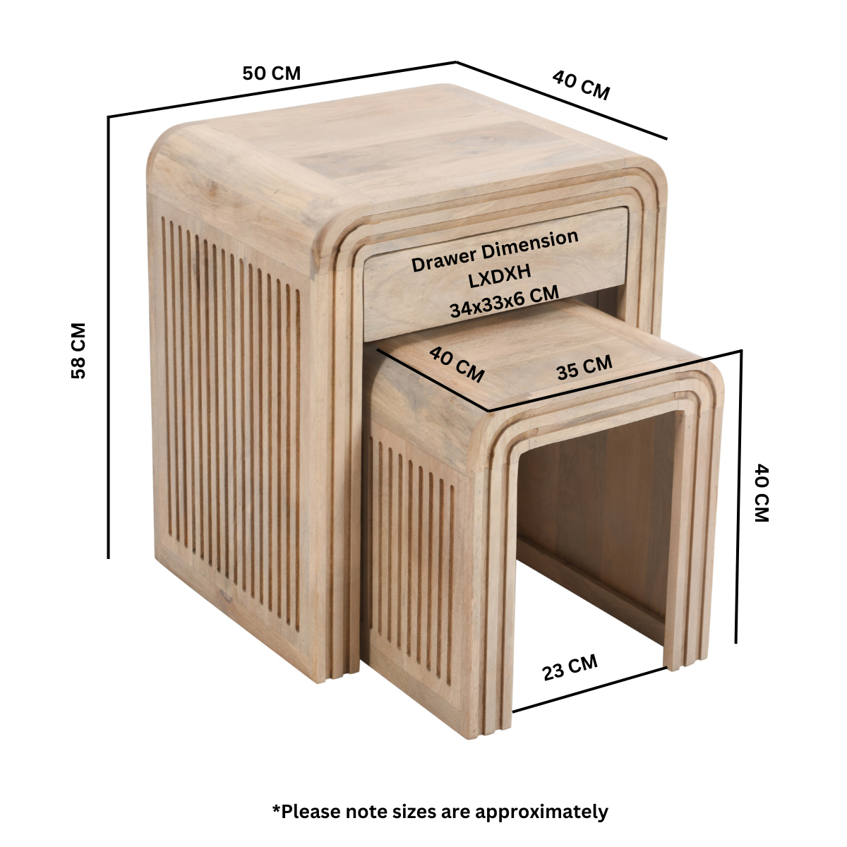 Hudson Carved Mango Wood Nest of 2 Tables with Drawer – Hand-Crafted Space-Saving Side Tables