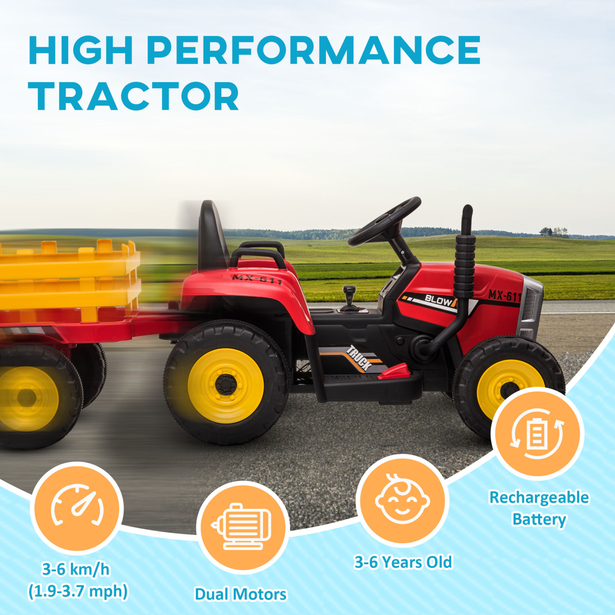HOMCOM Ride-On Tractor with Detachable Trailer, Remote Control & Music – Kids Electric Toy, Red