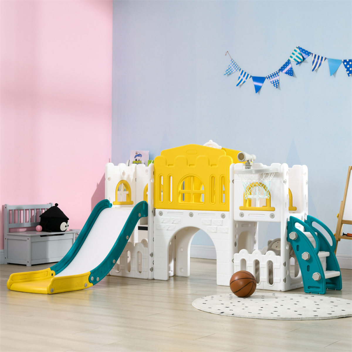 8-in-1 Toddler Slide Set with Tunnel, Basketball Hoop, Steering Wheel & Storage Basket – Ages 1-3