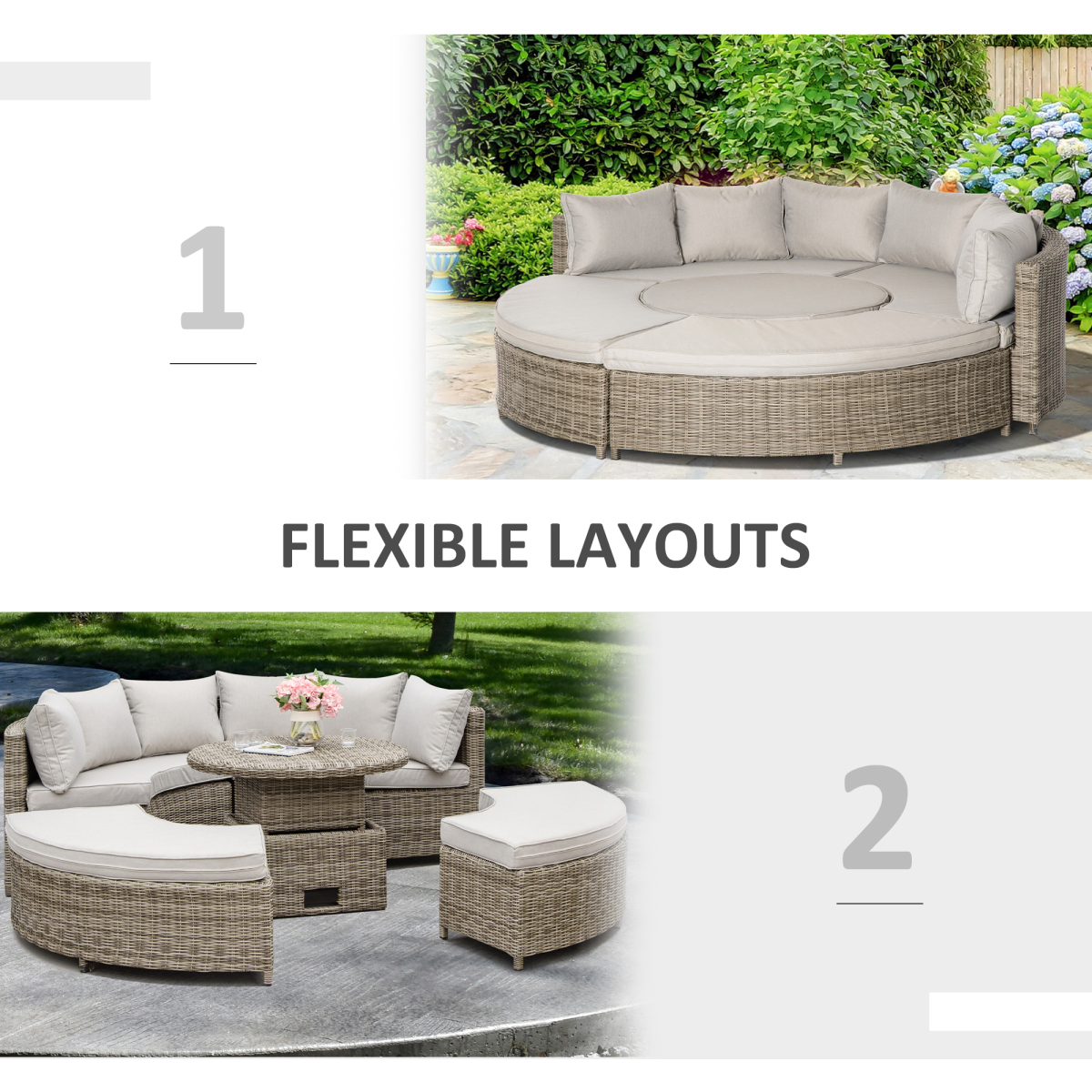 Outsunny 8-Seater PE Rattan Daybed Set with Lift-Up Table, Cushions & Furniture Cover – Outdoor Garden Lounge