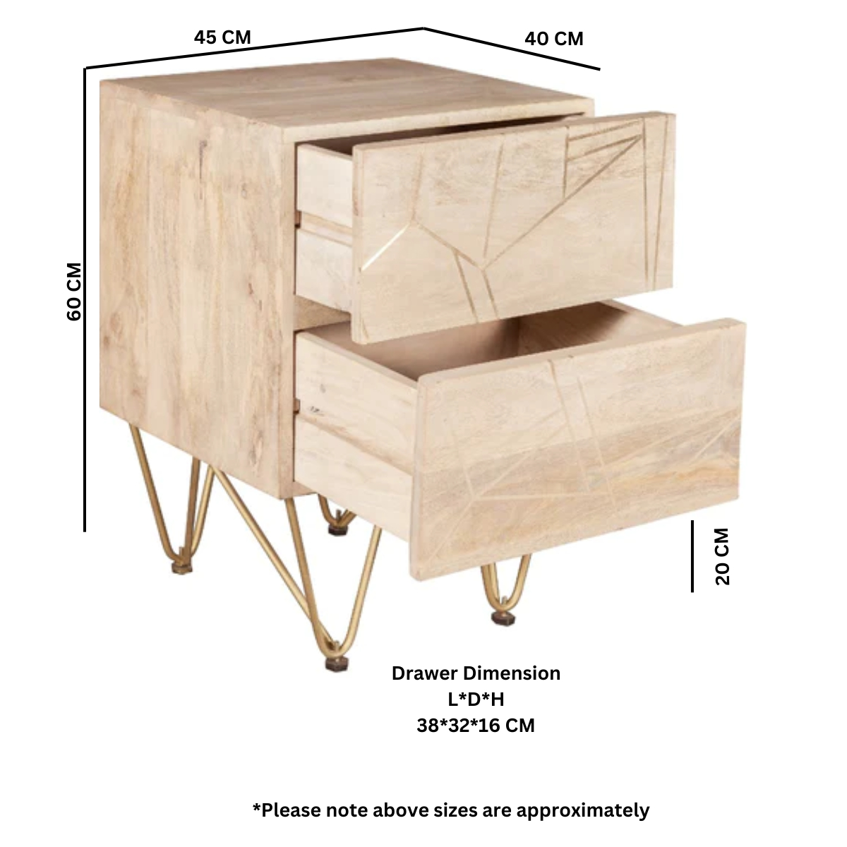 Light Gold Metal Inlay 2-Drawer Side Table in Solid Wood – Retro Angled Legs, Lamp & Bedside Table