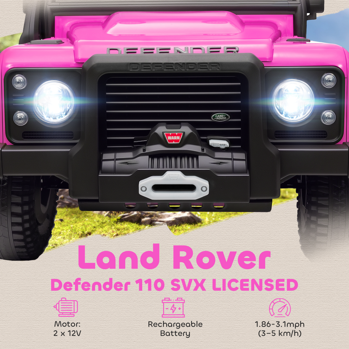 Land Rover Defender 110 SVX Licensed 12V Kids Electric Ride-On Truck with 2.4G Remote & Music, Pink