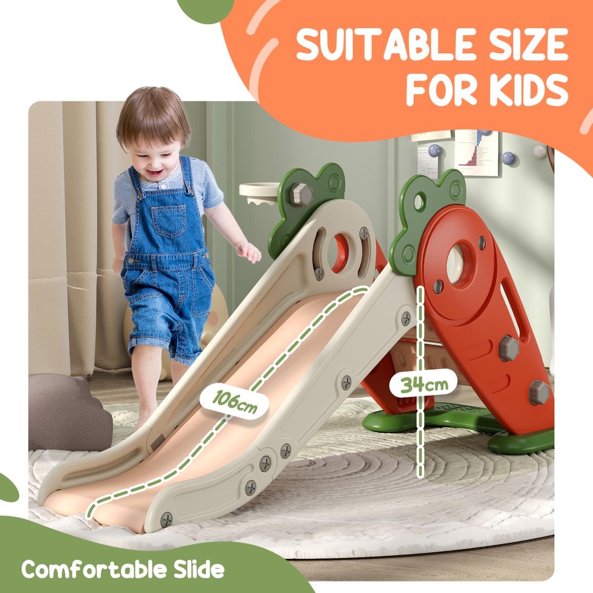 AIYAPLAY 3 in 1 Kids Slide with Climber & Basketball Hoop – Carrot Themed Foldable Indoor Playset, Ages 1-3