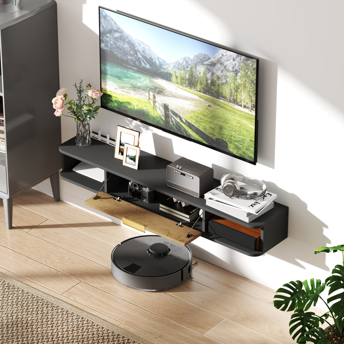 HOMCOM 120cm Floating TV Unit with Two Open Compartments – Wall-Mounted Media Console, Grey