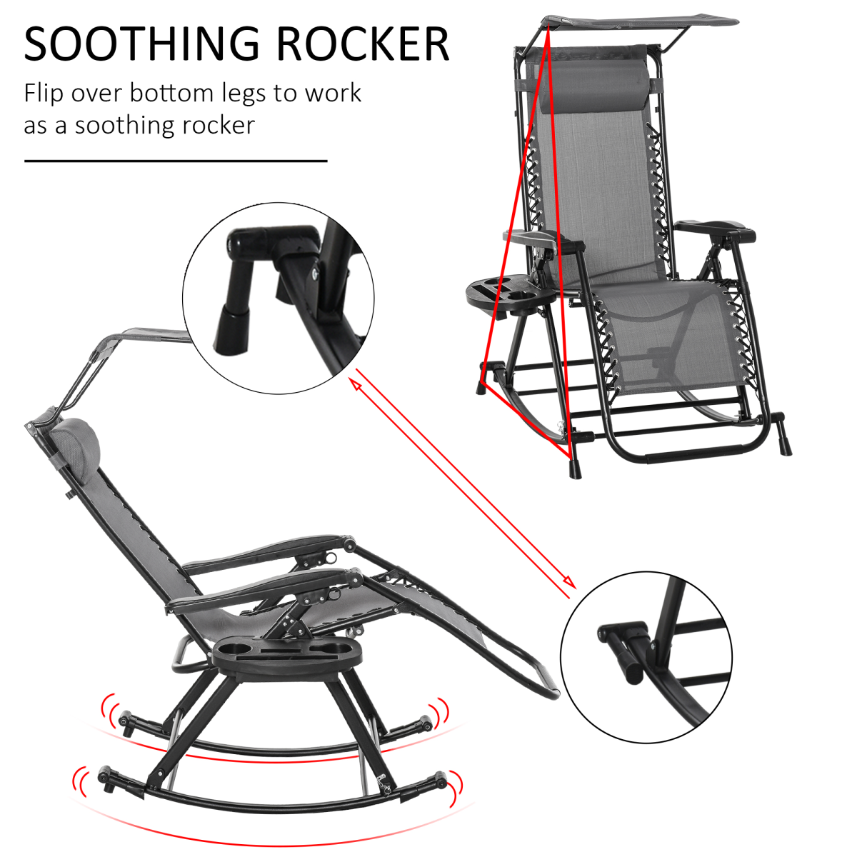 Folding Zero-Gravity Recliner Rocker with Canopy, Padded Headrest and Side Tray – Outdoor Lounge Chair, Grey