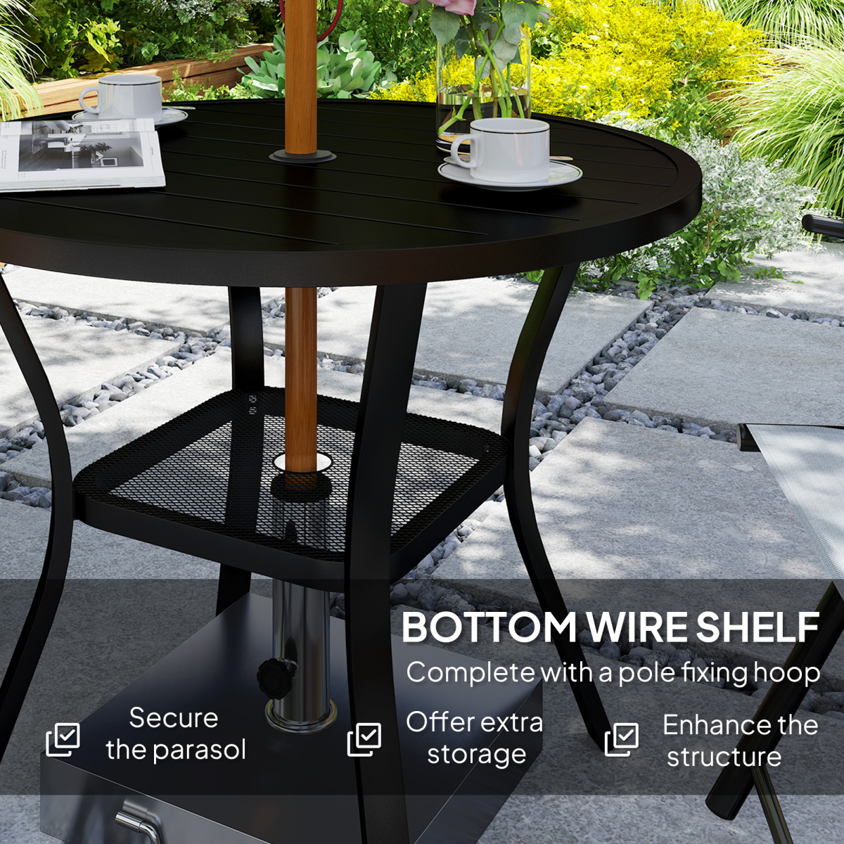 Outsunny 90cm Round Garden Dining Table with Parasol Hole – Slatted Steel Patio Table for 4, Black