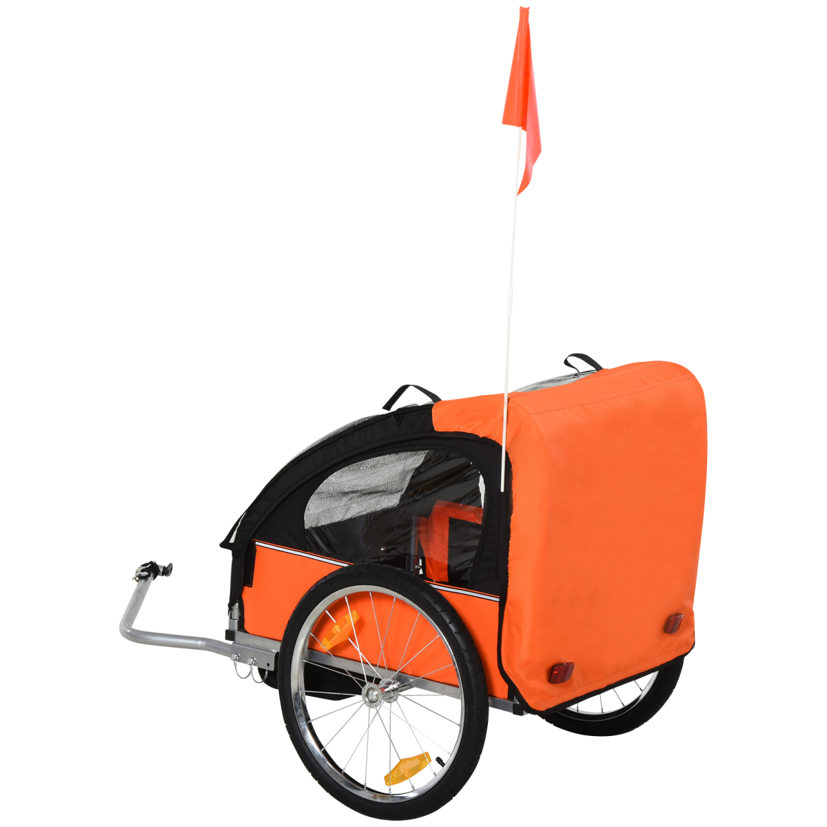 HOMCOM 2-Seat Child Bike Trailer with Steel Frame, Five-Point Harnesses & Roll-Up Door – Kids Trailer, Orange