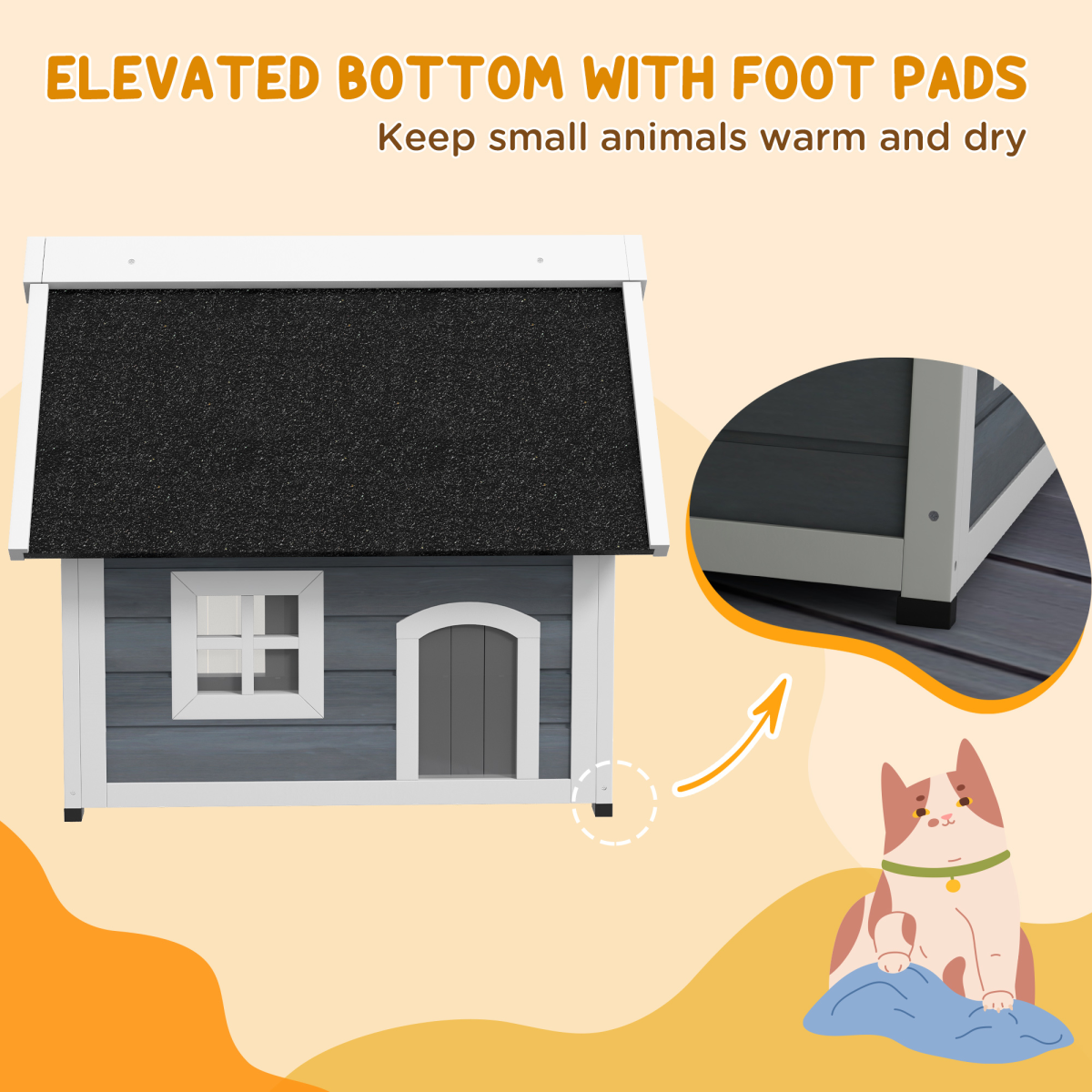 PawHut Outdoor Feral Cat House with Openable Asphalt Roof and Three Doors – Fir Wood Shelter, Grey