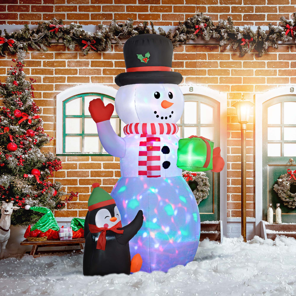 Outsunny 8ft Christmas Inflatable Snowman with Gift Box, Penguin & LED Lights – Outdoor Decoration, White