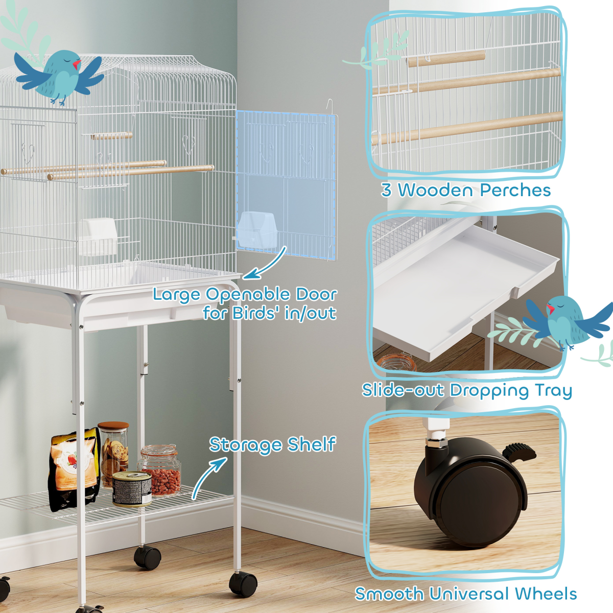 Bird Cage Starter Kit with Detachable Rolling Stand, Perches, Swing & Storage Basket – White