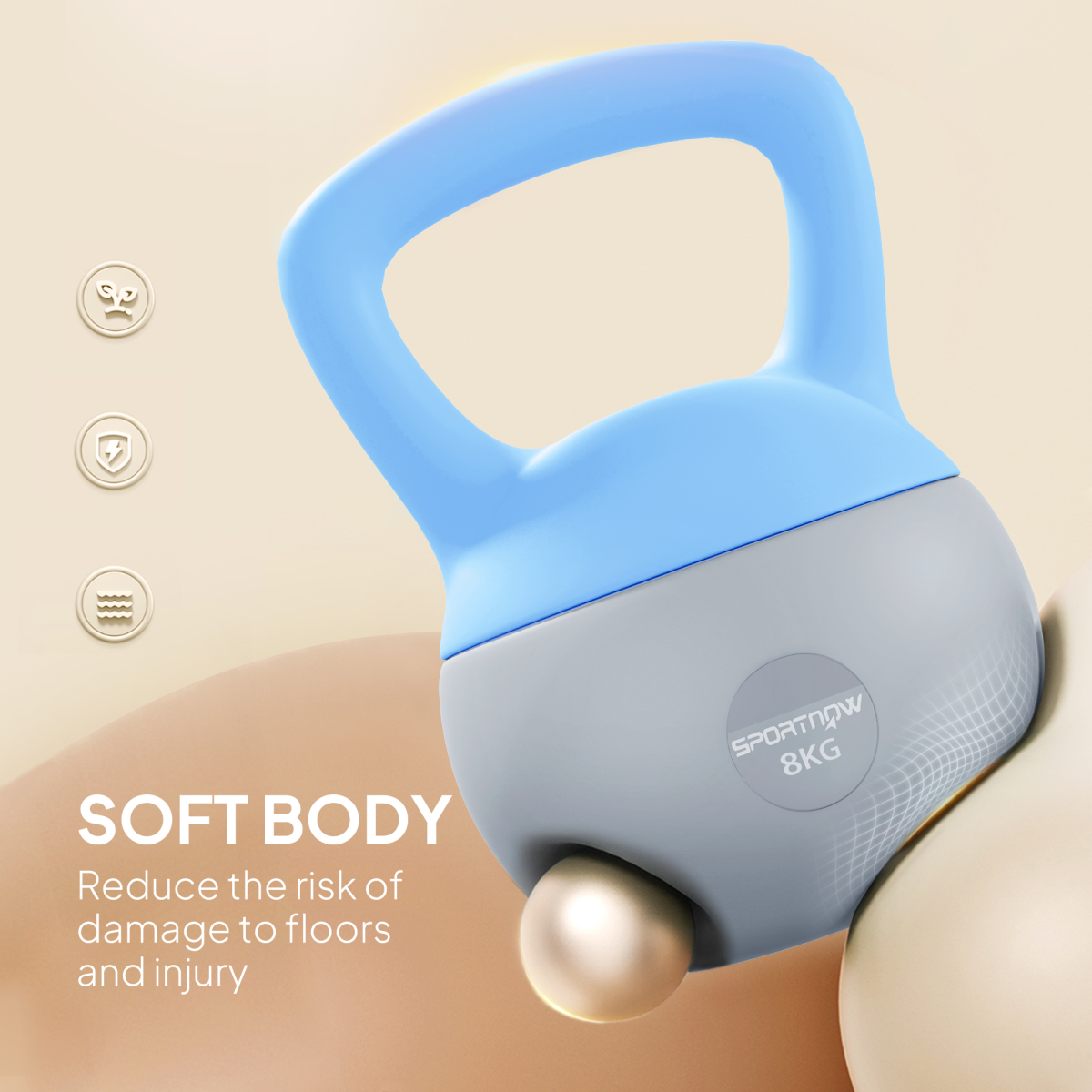 Soft Kettlebell with Wide Non-Slip Handle & Flat Base – 8kg Home Gym Weight, Light Blue and Grey