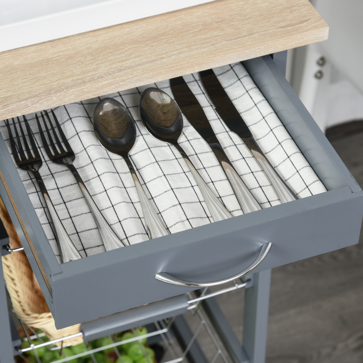 HOMCOM Kitchen Island Trolley with 4 Removable Baskets, Drawer & Side Racks – Dark Grey