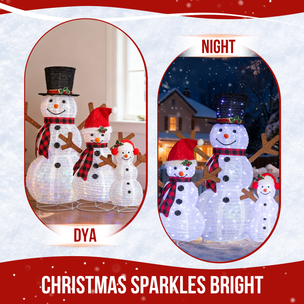 Set of 3 Lighted Snowman Family Christmas Decorations with 270 White Lights – Indoor & Outdoor Display