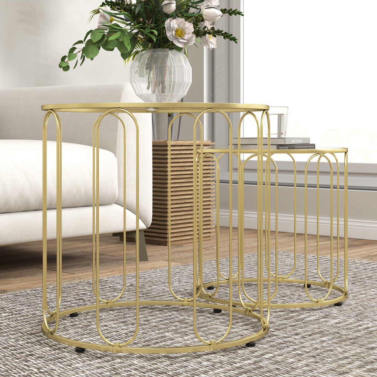 HOMCOM Coffee Table Set of 2 with Tempered Glass Tops – Nesting Tables with Geometric Metal Frame, Gold Tone