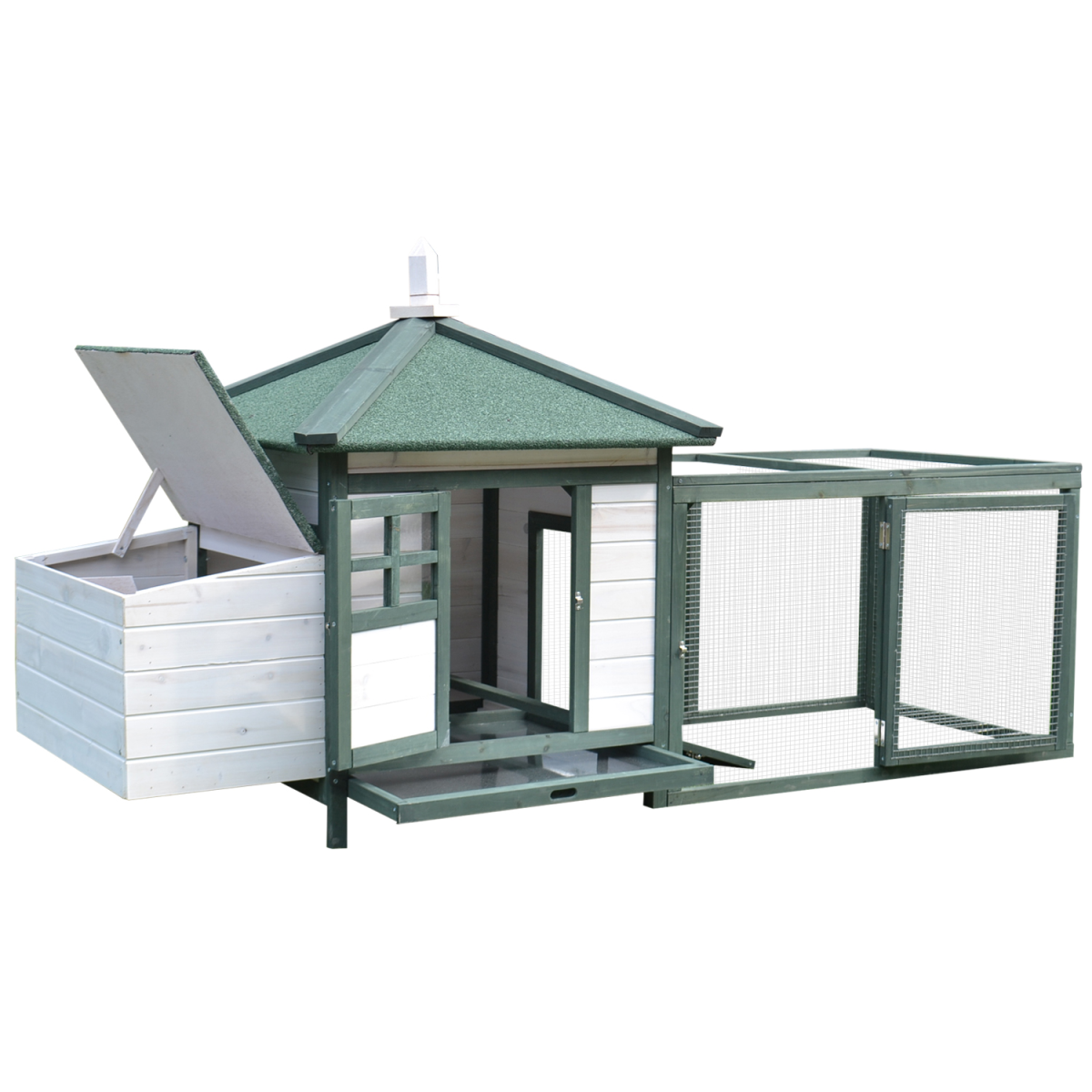 PawHut Wooden Chicken Coop with Nesting Box, Outdoor Run & Removable Tray – Elevated Poultry House, Green