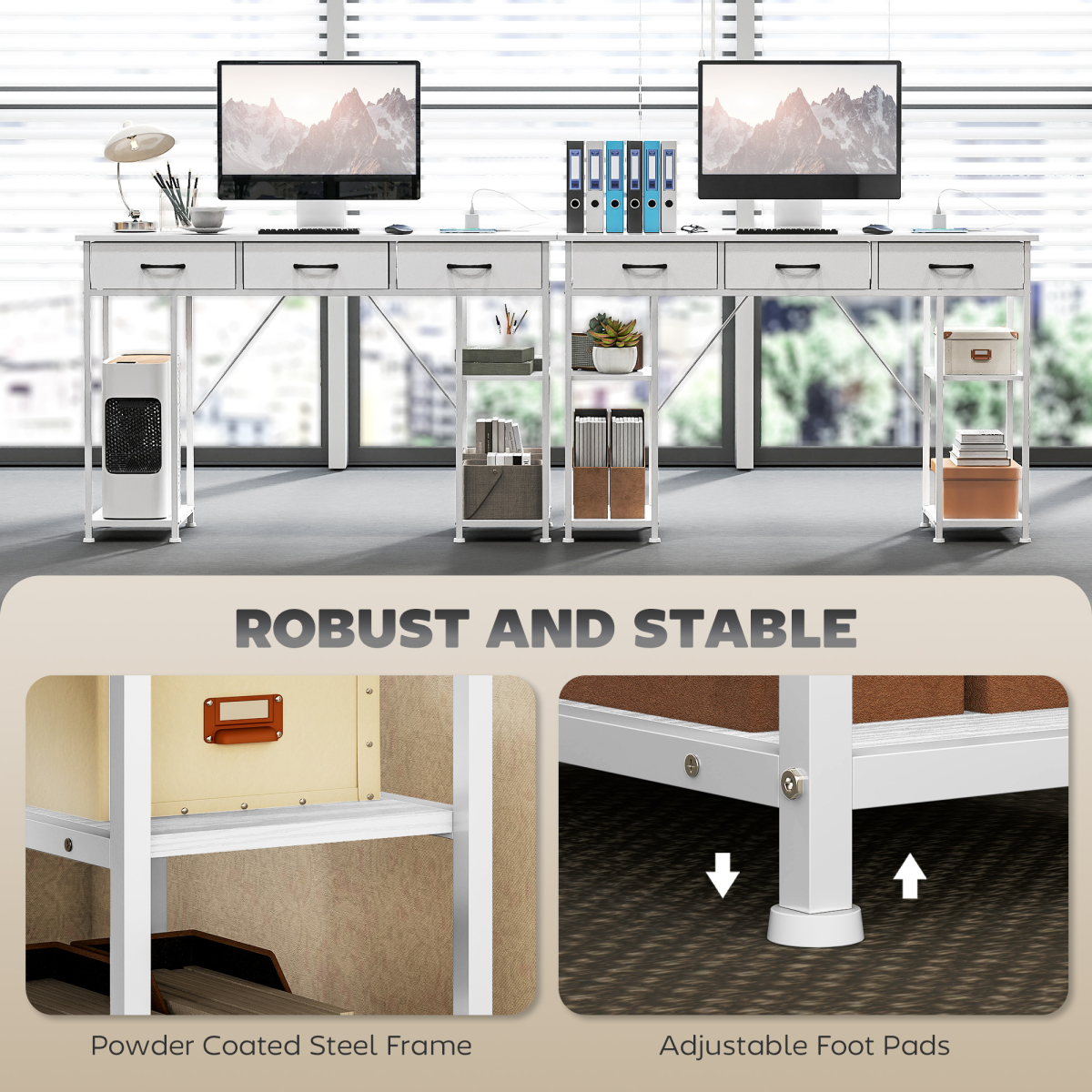 Computer Desk with Charging Station, 3 Fabric Drawers & 4 Shelves – Home Office Writing Table, White