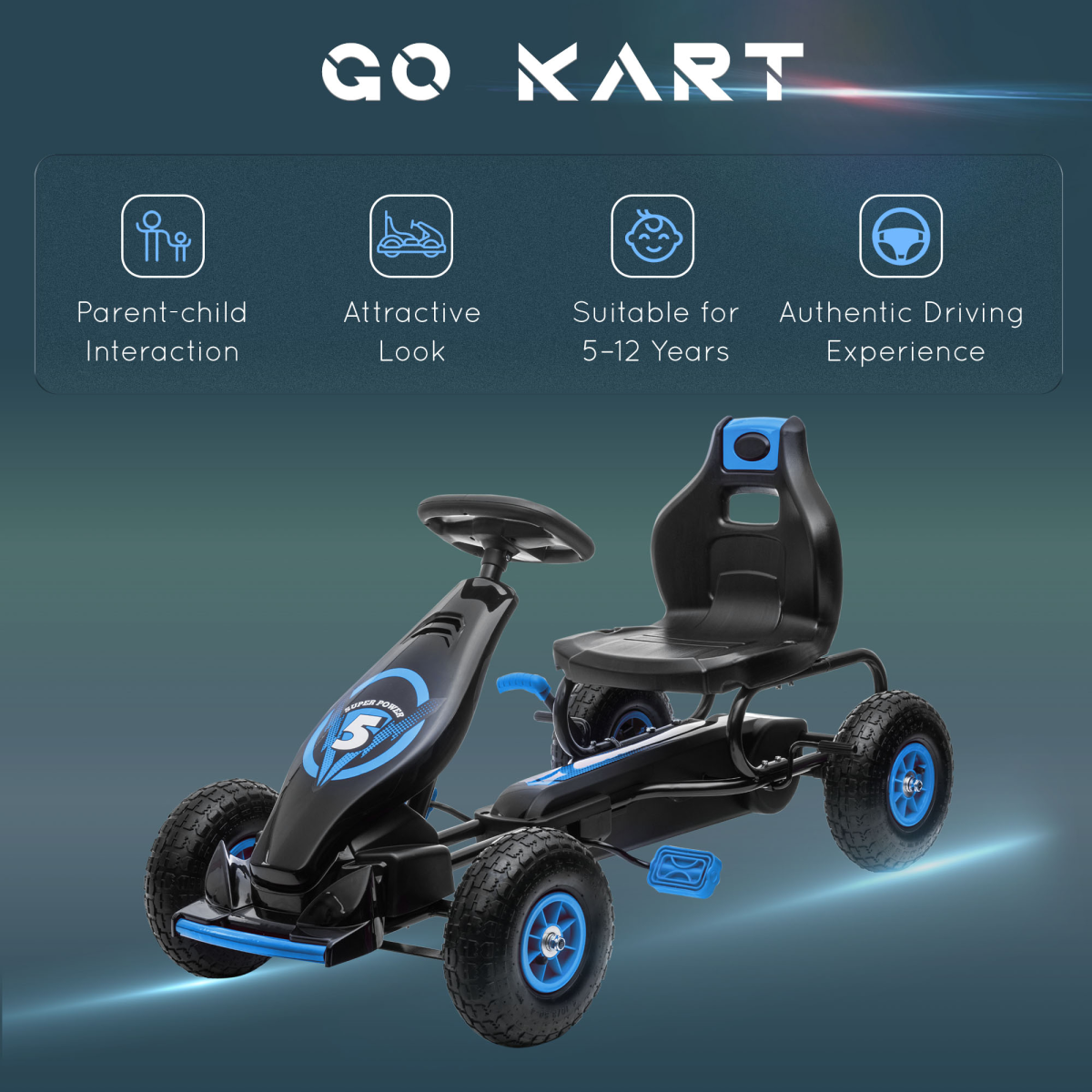 HOMCOM Kids Pedal Go Kart with Adjustable Seat, Rubber Wheels & Handbrake – Ages 5-12, Blue
