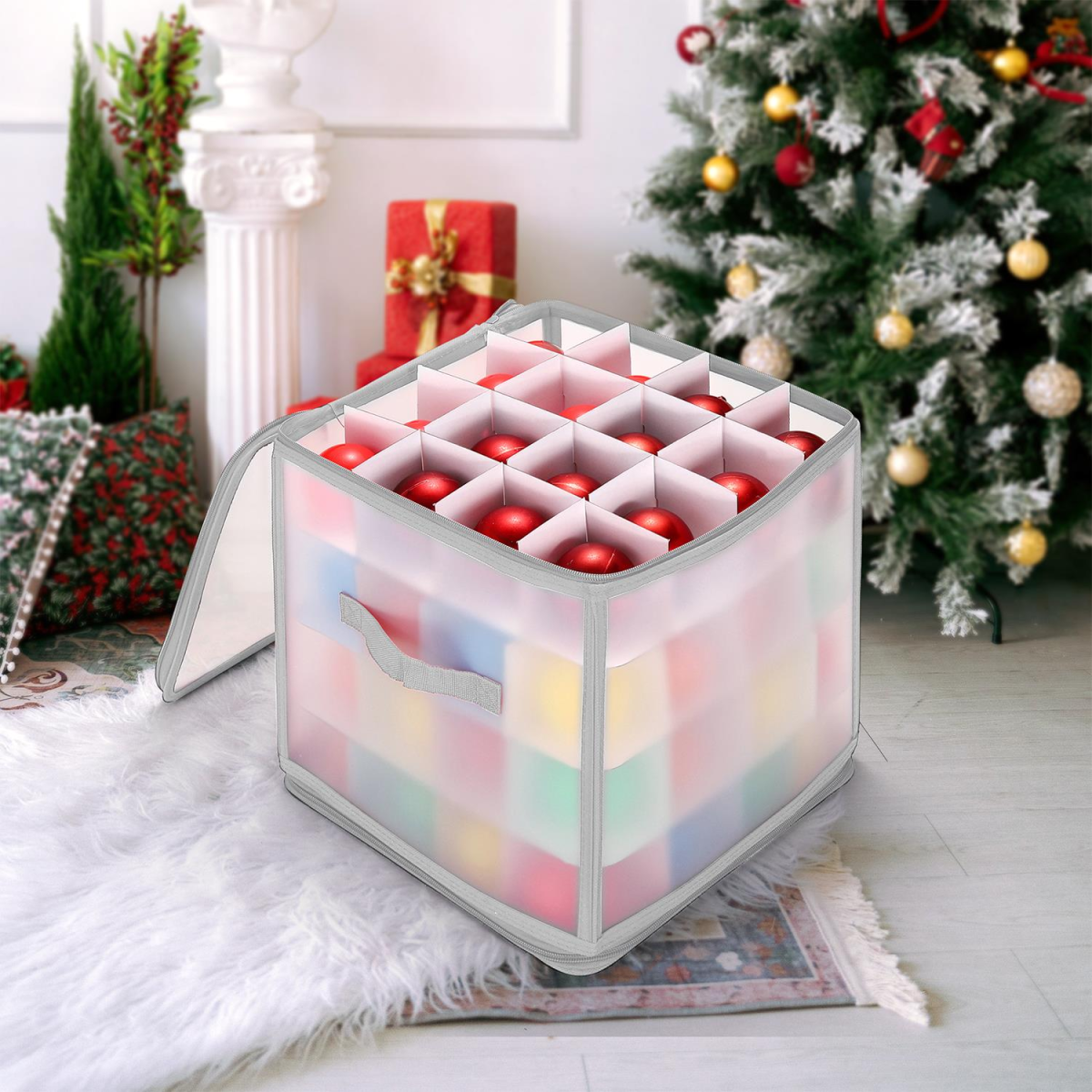Vinsani 64 Bauble Storage Box with Four Tiers and Removable Dividers – Christmas Decoration Organiser, Grey