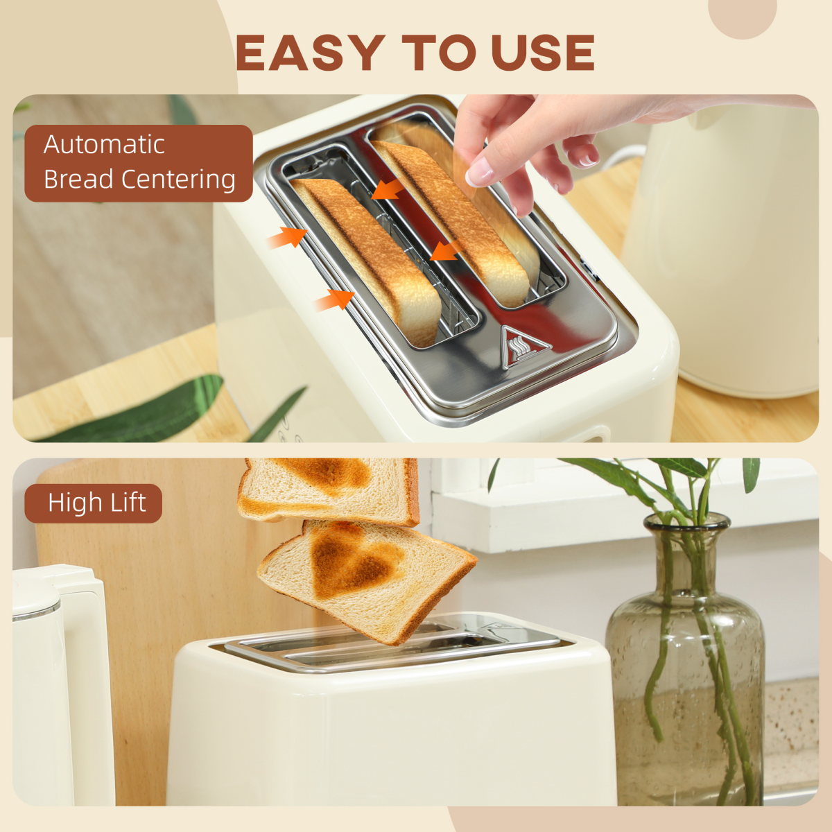 Stainless Steel Kettle and Toaster Set with 3000W Kettle & Browning Control – Matching Kitchen Duo, Beige