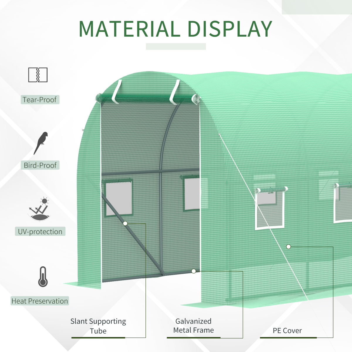 Walk-in Polytunnel Greenhouse with Galvanised Steel Frame & Roll-Up Windows – Garden Grow Tunnel, Green