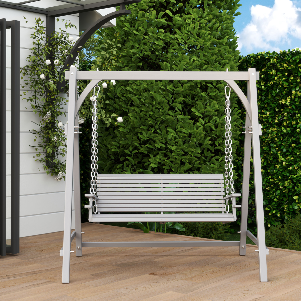 Outsunny 2-Seater Wooden Garden Swing Seat with Cup Trays & Steel Chains – Hammock Bench, Grey