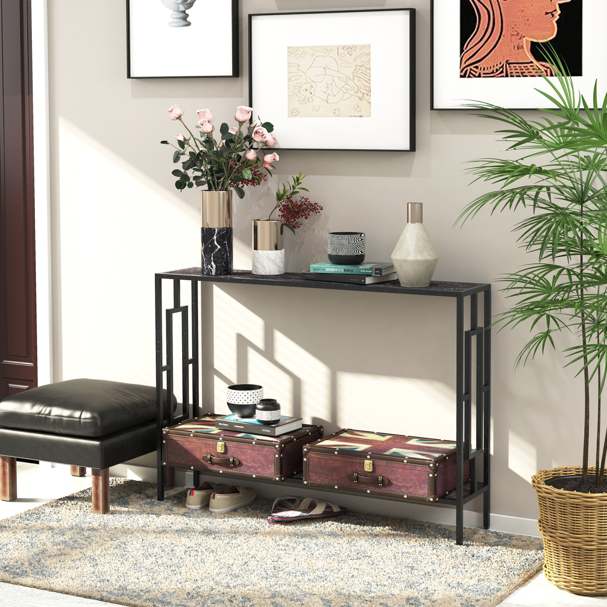 HOMCOM Art Deco Console Table with 2 Shelves & Steel Frame – Slim Hallway & Living Room Display