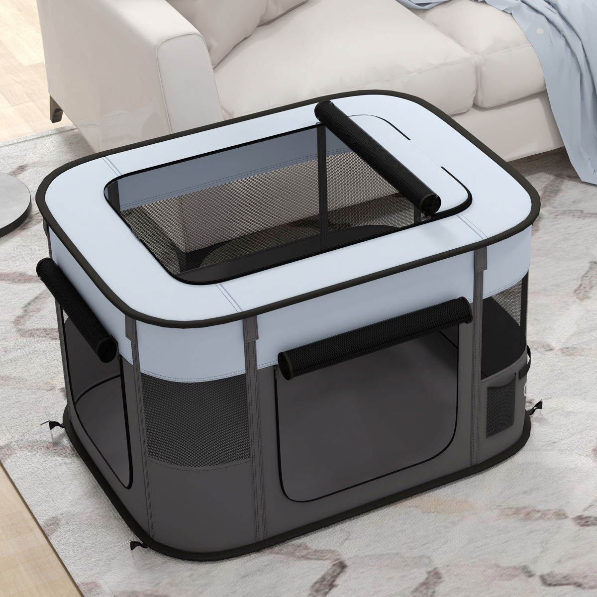 PawHut Portable Foldable Pet Playpen with Mesh Windows & Storage Bag – Dog, Rabbit & Kitten Run, Grey, 84cm