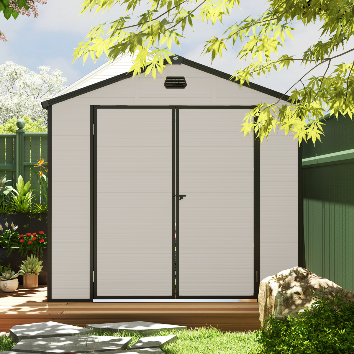 Outsunny 8 x 6ft Garden Shed with Foundation Kit, Vents and Lockable Door – Aluminium Frame, Cream White