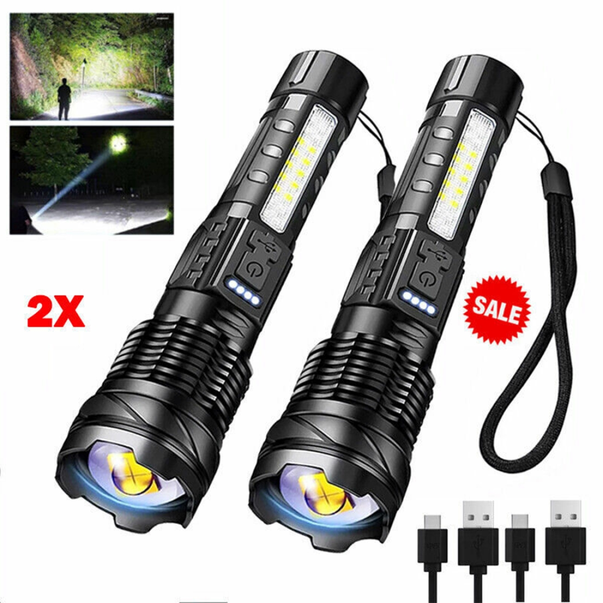 2-Pack USB Rechargeable LED Flashlights with Adjustable Zoom and 7 Modes – Camping, Hiking and Work Light