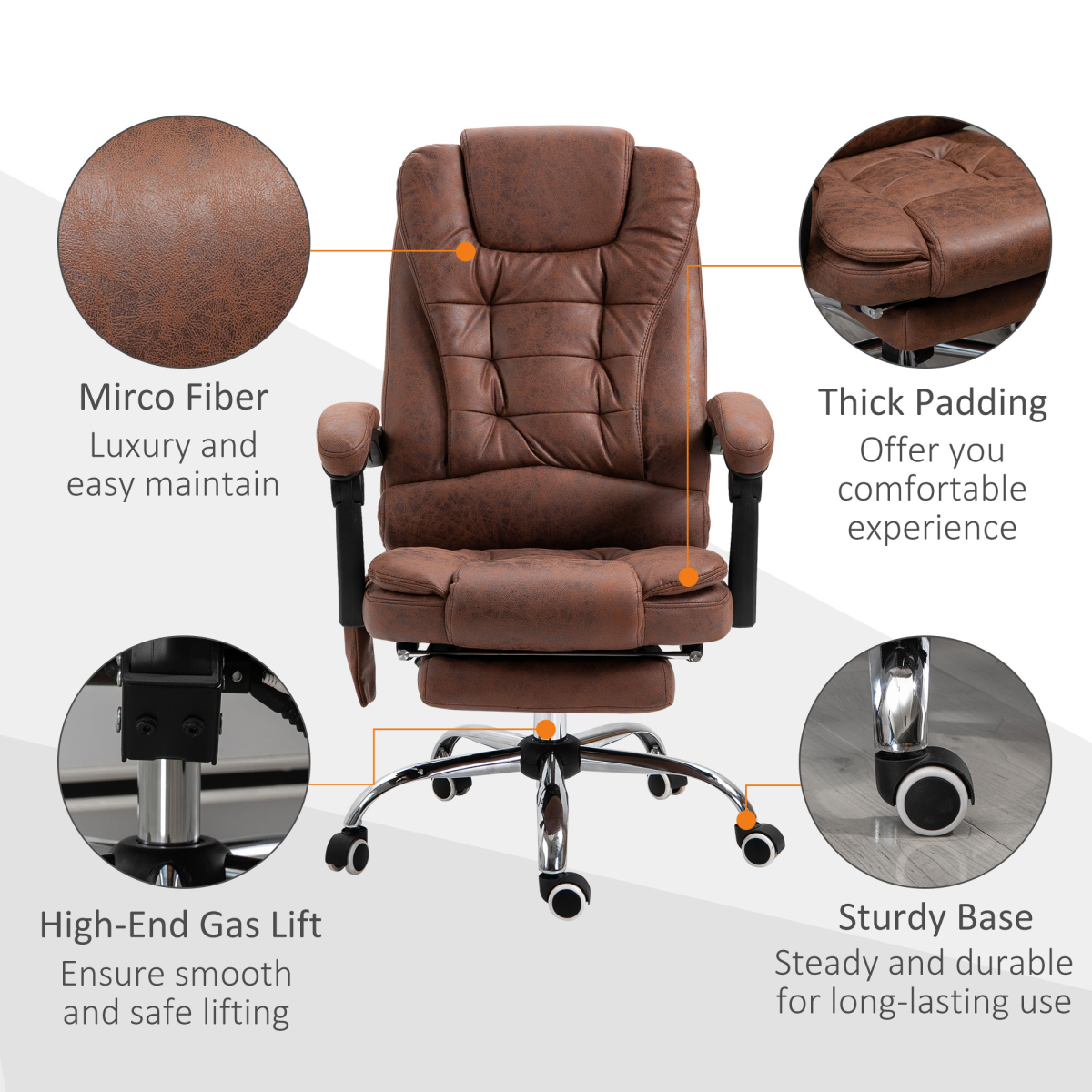 Vinsetto Heated Massage Office Chair with 6 Vibration Points & Footrest – Reclining Home Office Chair, Brown