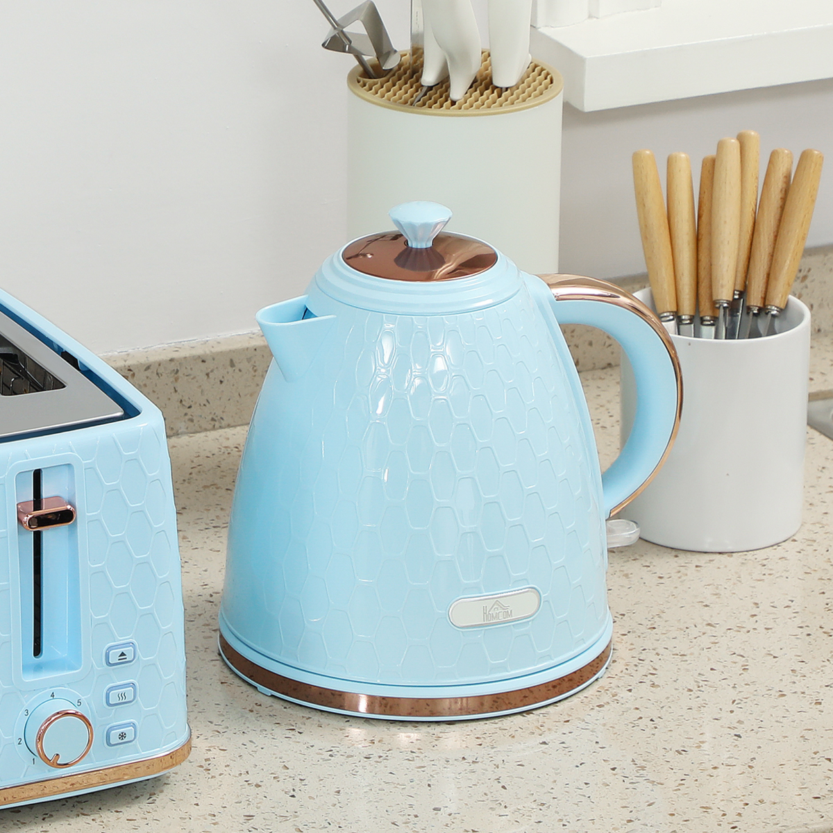 Kettle and 4-Slice Toaster Set with 1.7L Fast Boil Kettle & 7 Browning Levels – Honeycomb Design, Light Blue
