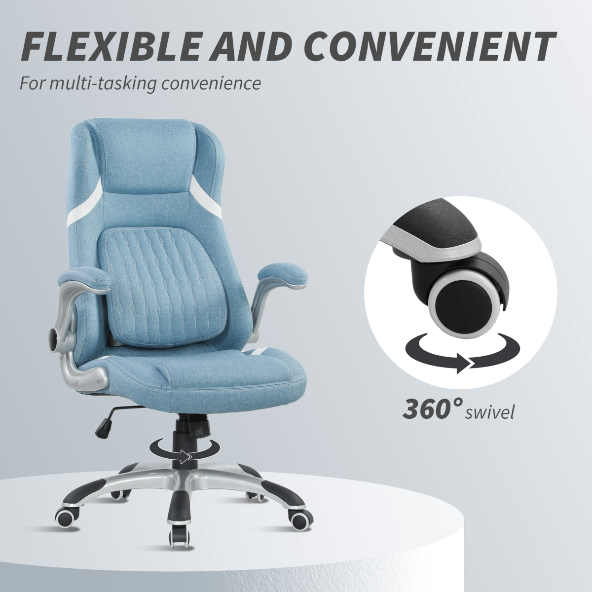 High Back Linen-Look Office Chair with Flip-Up Arms & Lumbar Support – Space-Saving Desk Chair, Blue