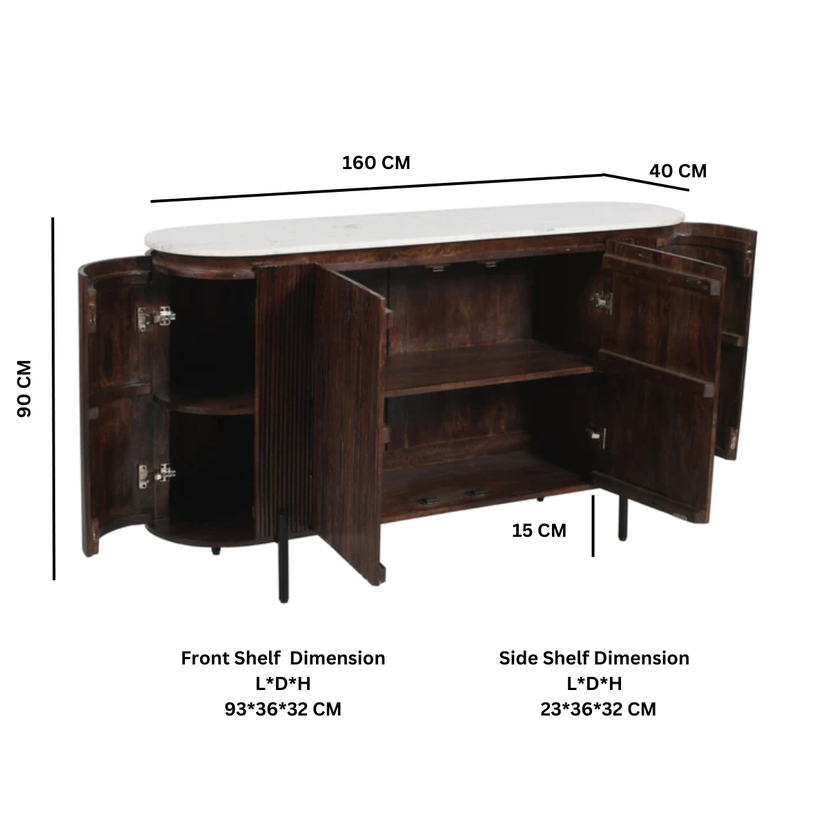 Opal Mango Wood Sideboard with Real Marble Top & Metal Legs – Handmade Dining & Living Room Storage