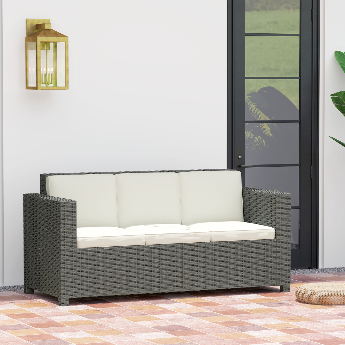Outsunny Rattan Wicker 3-Seater Garden Sofa with Thick Cushions – Patio Furniture, Cream