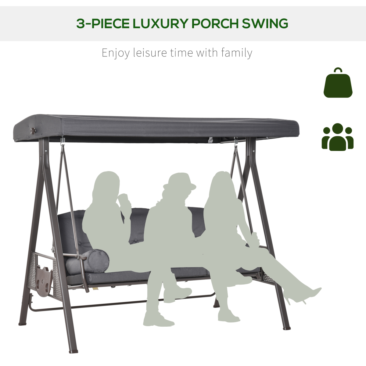 Outsunny Heavy Duty Steel 3 Seater Garden Swing Chair with Canopy & Cushions – Patio Furniture