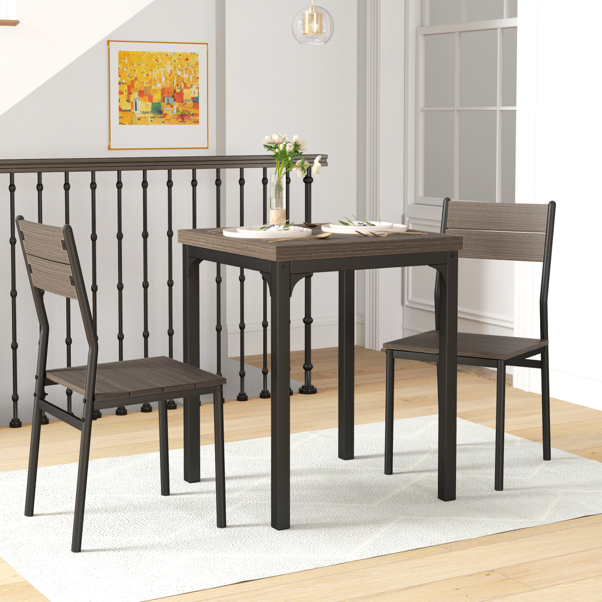 HOMCOM 3 Piece Compact Dining Table & 2 Chairs Set – Space-Saving Kitchen Dining, Grey Wood Grain