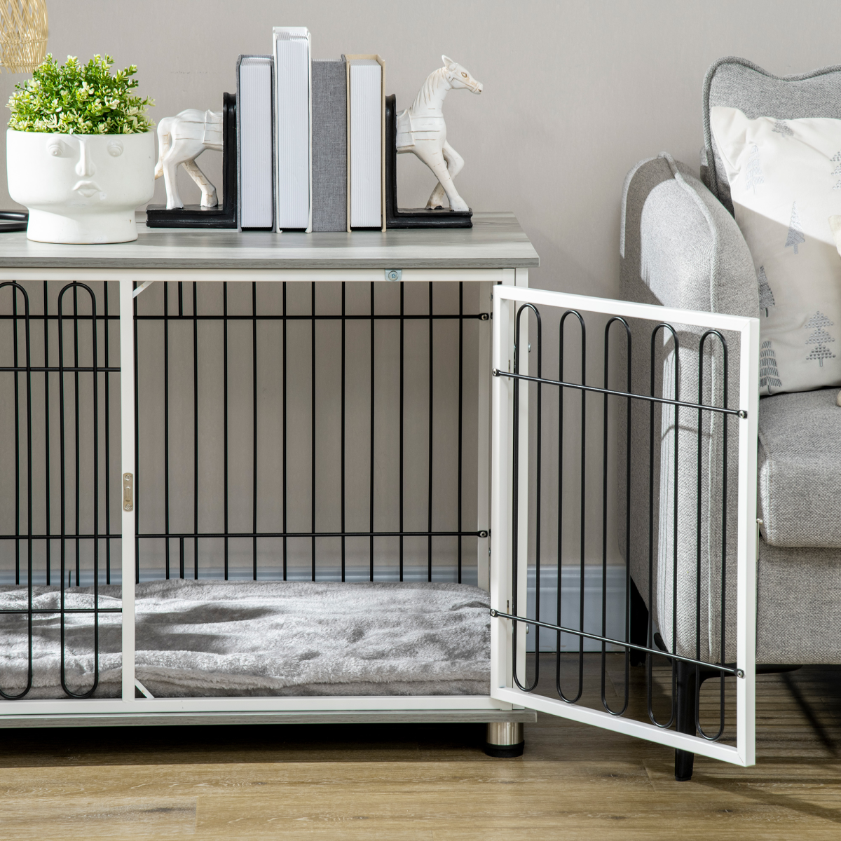 PawHut Dog Crate Furniture End Table with Washable Cushion and Lockable Door – Small to Medium Dogs