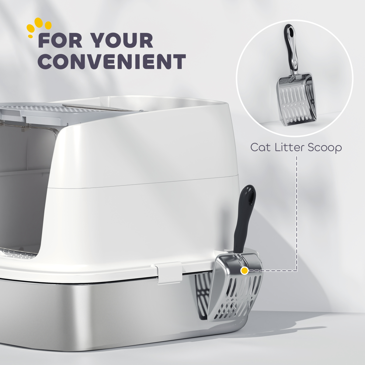 PawHut Enclosed Stainless Steel Cat Litter Box with Scoop, Front Entry & Top Exit – Scratch-Proof Litter Tray for Cats up to 5kg, White