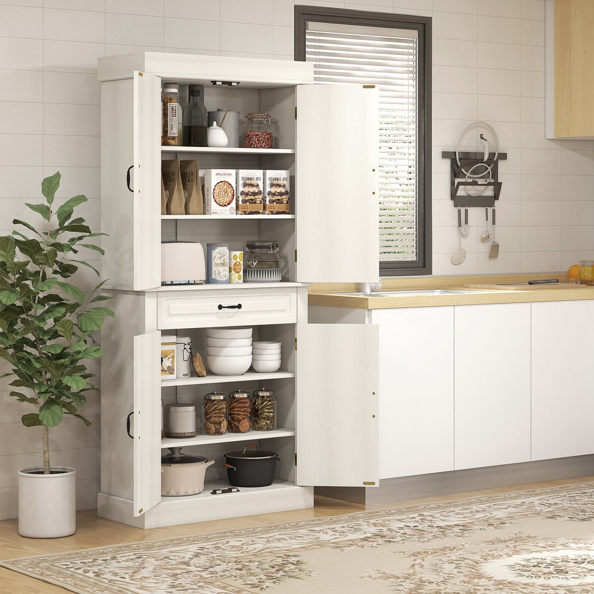 Farmhouse Kitchen Storage Cabinet with Raised Panel Doors & Antique Metal Handles – Rustic Dining Room Cupboard