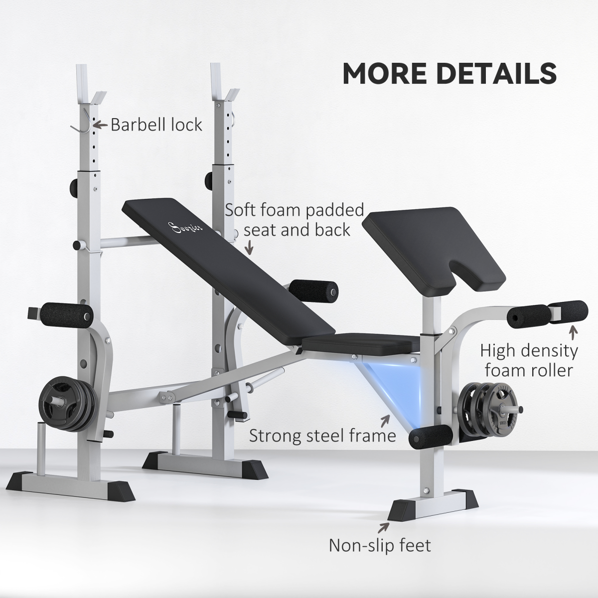 HOMCOM Adjustable Weight Bench with Squat Rack, Leg Developer & Plate Storage – Home Gym Workout Bench, Grey