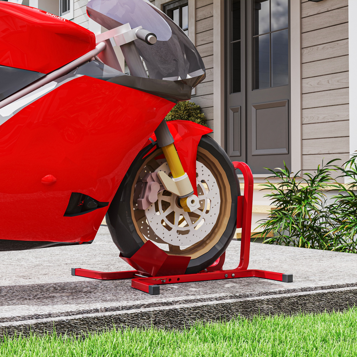 HOMCOM Adjustable Motorcycle Wheel Chock with Metal Frame – Free-Standing Motorbike Front Wheel Holder, 250kg, Red