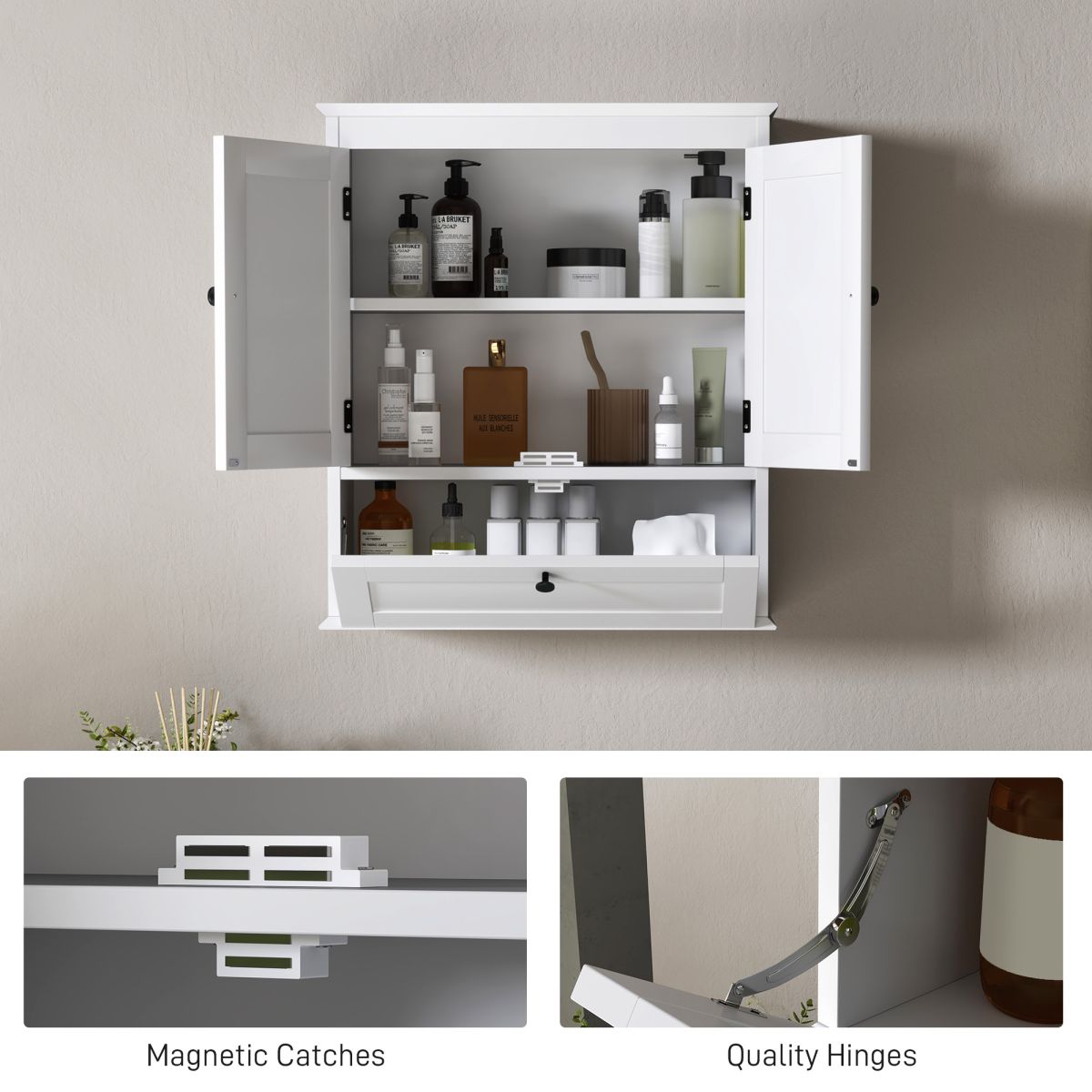 HOMCOM Wall Mounted Bathroom Cabinet with Adjustable Shelf and 3 Compartments – Space-Saving, White
