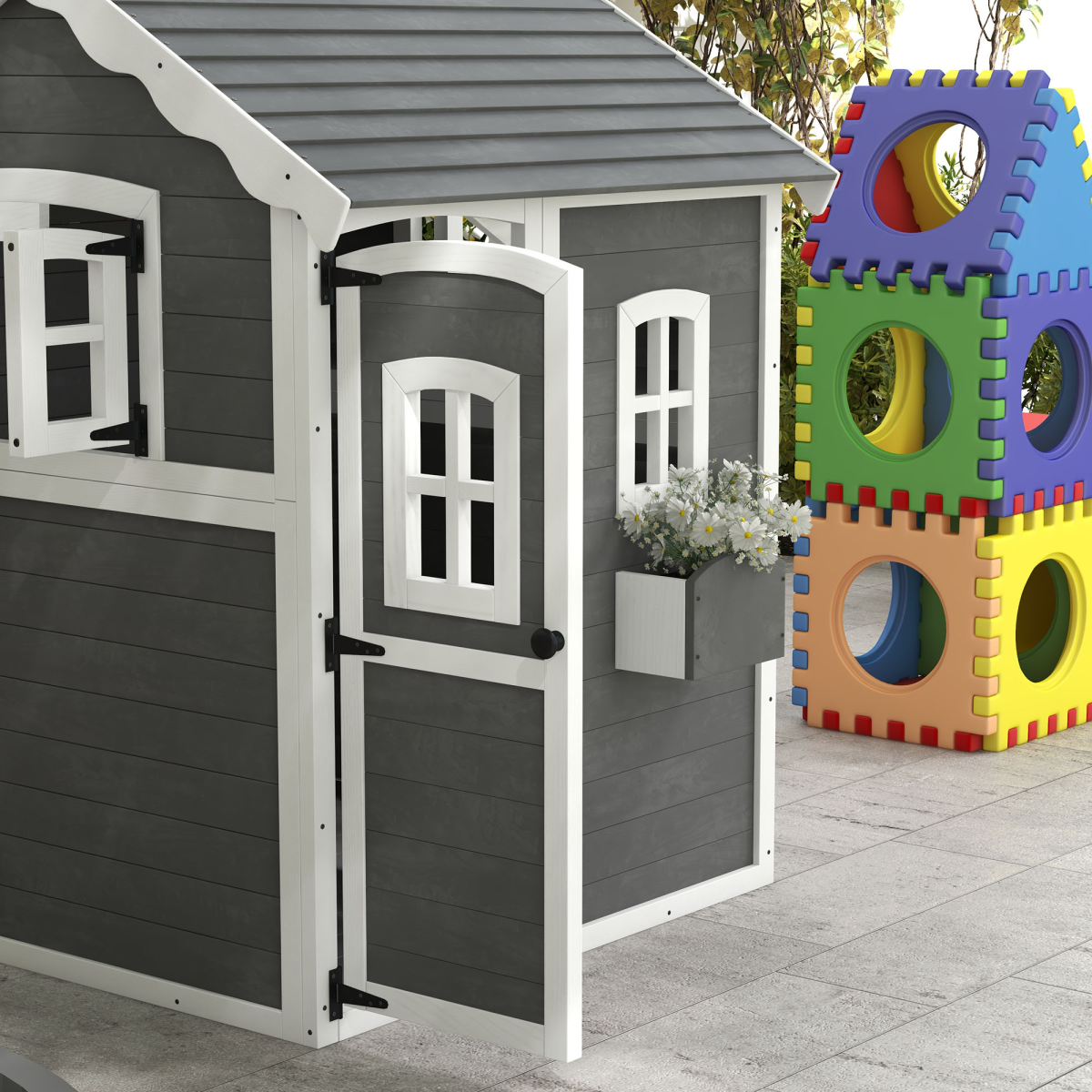 Outsunny Wooden Wendy House for Kids with Floor, Windows & Plant Box – Garden Playhouse, Grey