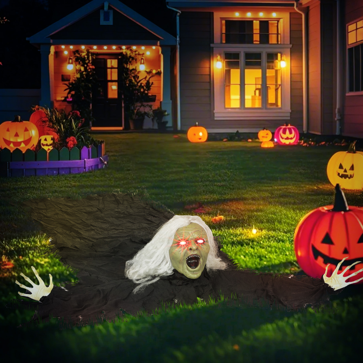 Outsunny 183cm Life Size Zombie Old Lady Halloween Decoration with Sound & Light-Up Eyes – Black