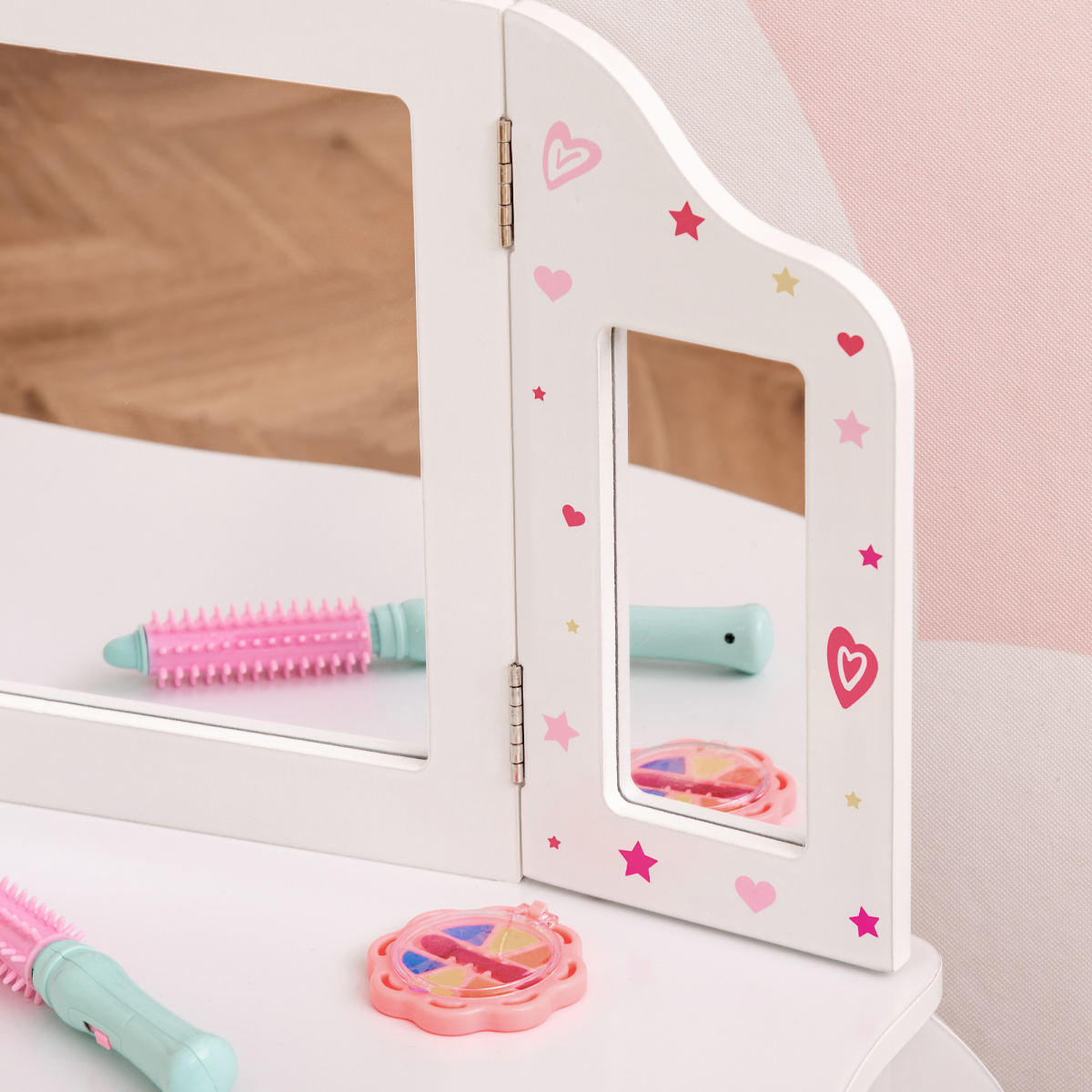 HOMCOM Kids Vanity Table and Stool Set with Rotatable Mirrors & Drawer – Girls' Dressing Table, Stars & Hearts