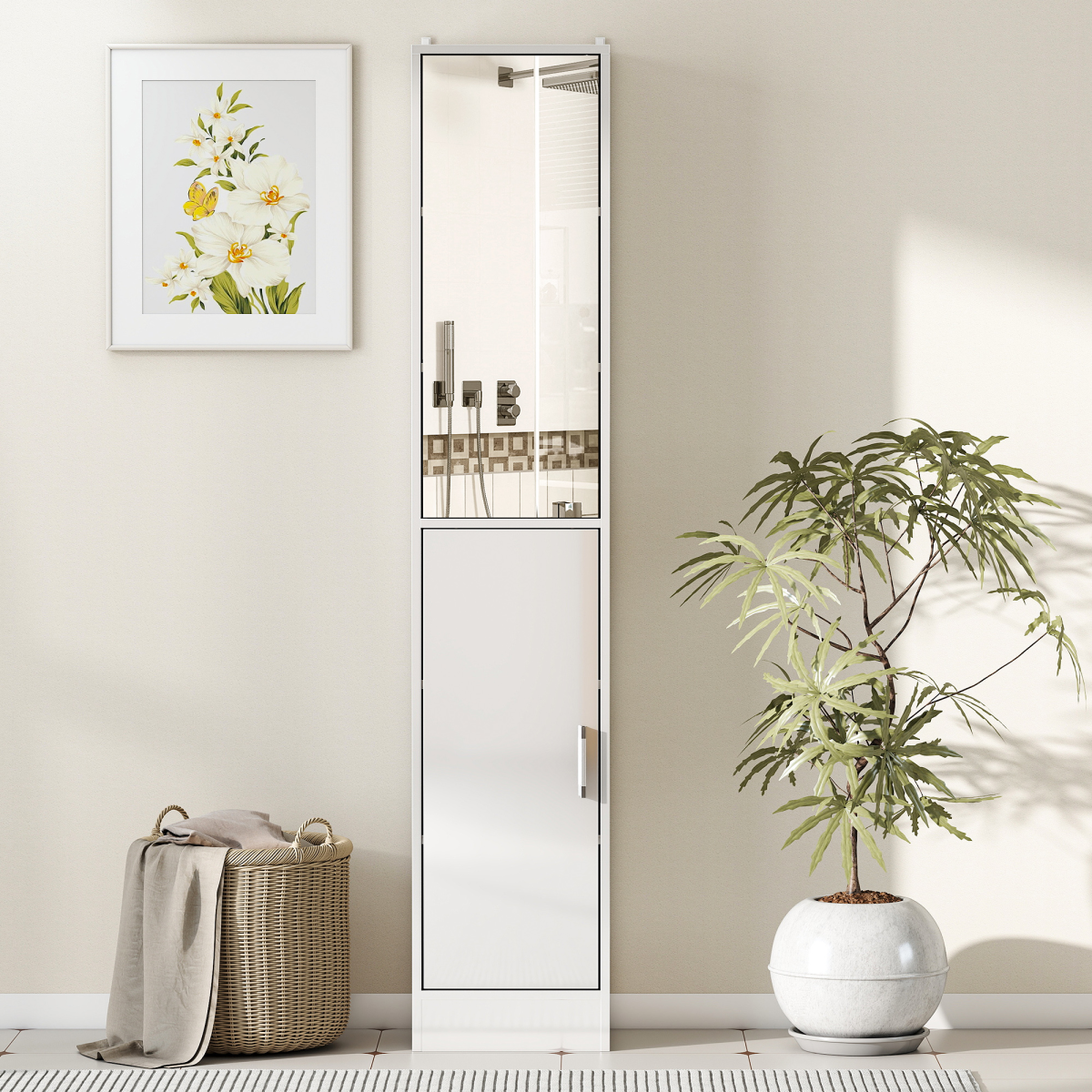 kleankin Tall Bathroom Cabinet with Mirror Door – Narrow Storage with Adjustable Shelves, High Gloss White
