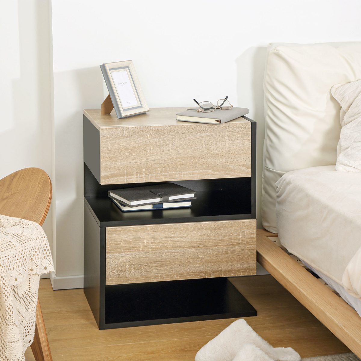 HOMCOM Floating Bedside Tables Set of 2 with Drawer and Open Shelf – Modern Nightstands, Oak and Black