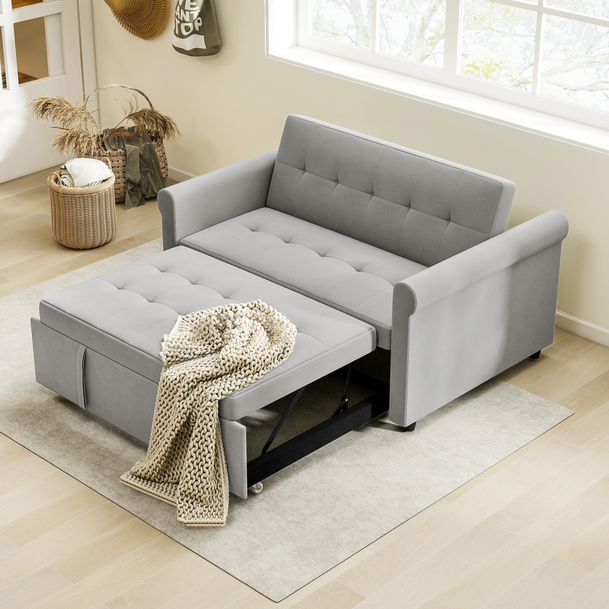 Dimension diagram of the HOMCOM convertible pull-out sofa bed