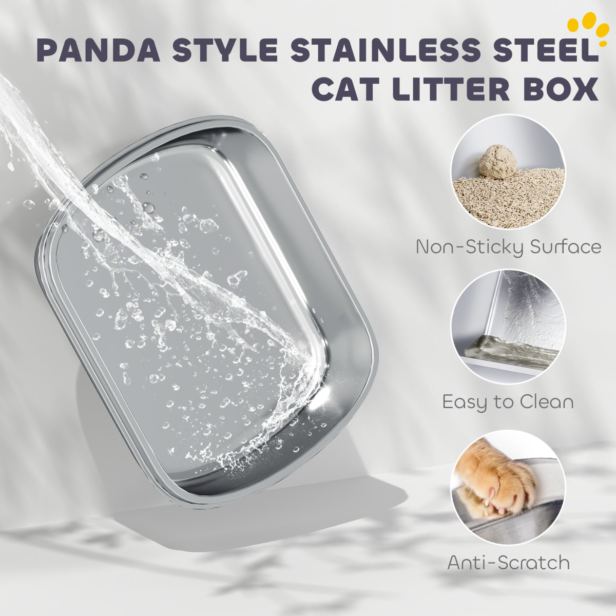 XL Stainless Steel Enclosed Cat Litter Box with Panda Design, Flip-Top Lid, Scoop and Deodoriser