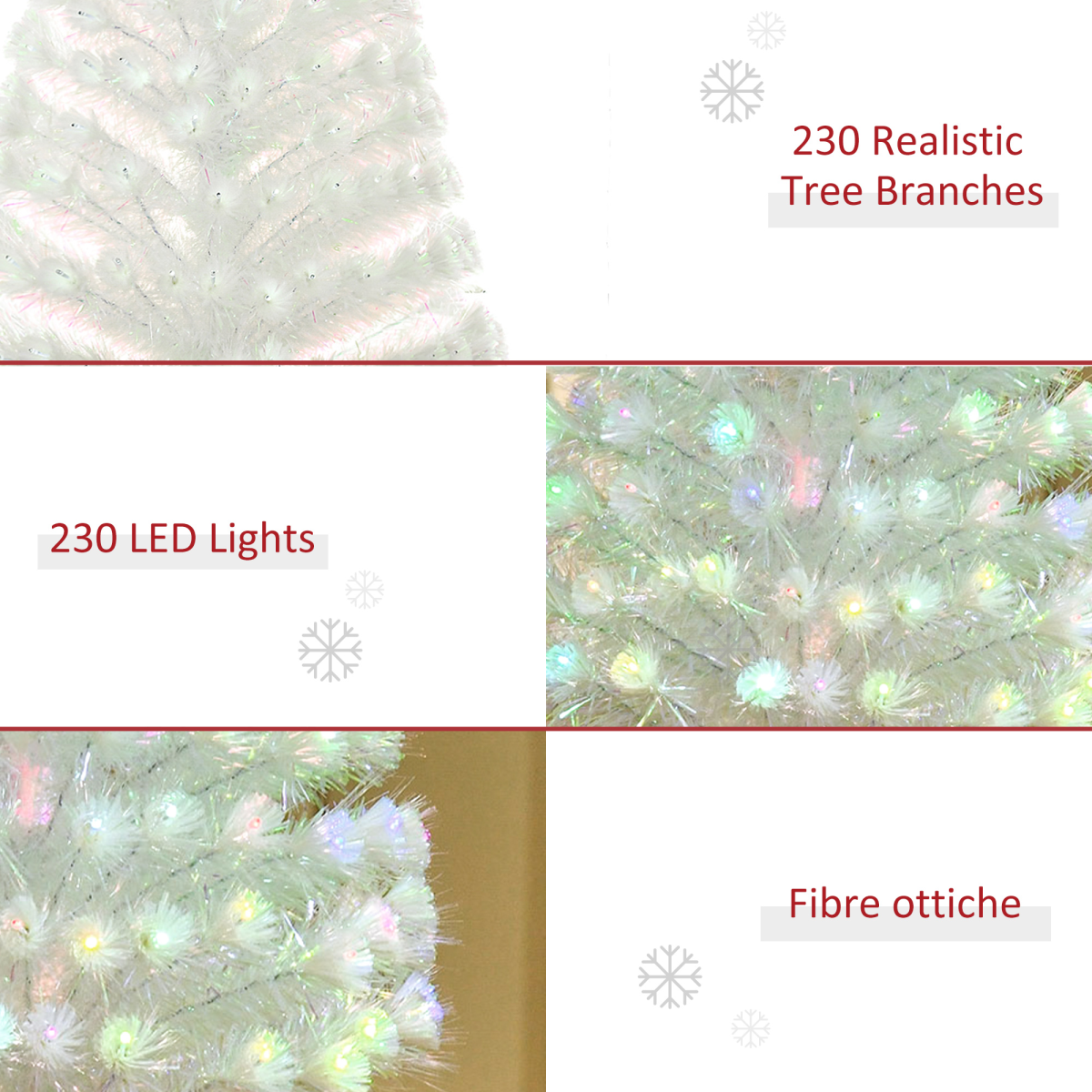 HOMCOM 5ft Pre-Lit Fibre Optic Artificial Christmas Tree with Multi-Coloured LEDs – Festive Decoration, White